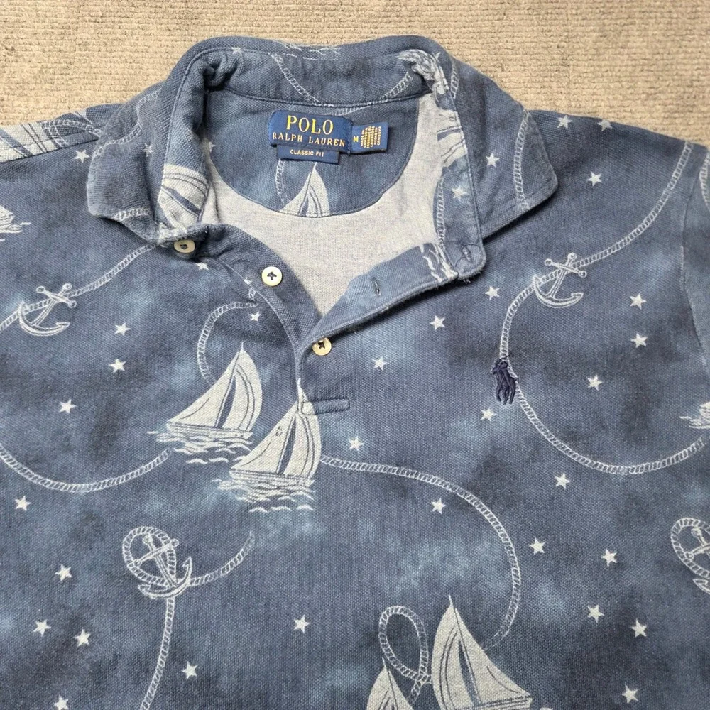 Polo Ralph Lauren Mens Blue Nautical Sailboat Anchor Print Polo Shirt Medium